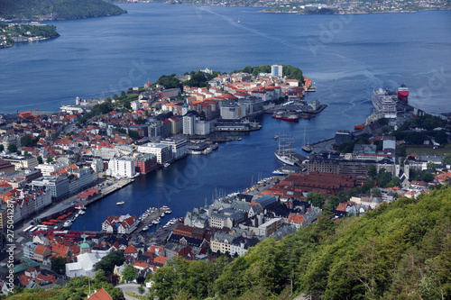 Travel to Norway, top view on Bergen with red roofs and fjord