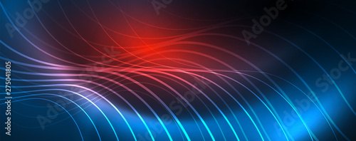 Trendy neon blue abstract design with waves and circles. Neon light glowing effect. Abstract digital background.
