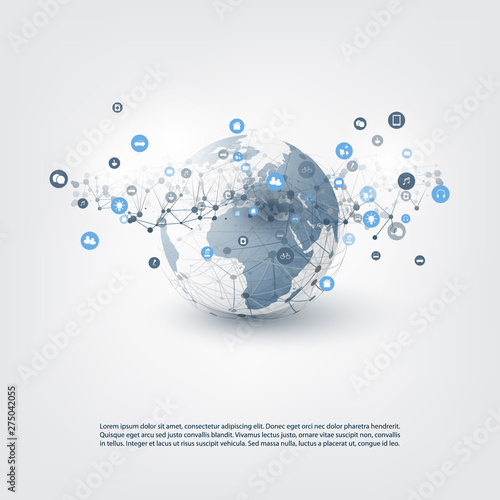      Internet of Things, Cloud Computing Design Concept with Earth Globe and Icons - Global Digital Network Connections, Smart Technology Concept 