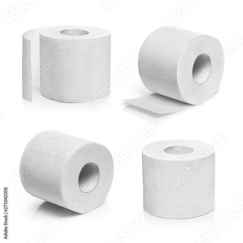 Set of white toilet paper rolls, isolated on white background photo