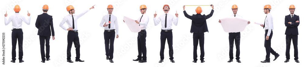 panoramic photo collage of confident architect isolated on white panoramic photo collage of confident architect isolated on white