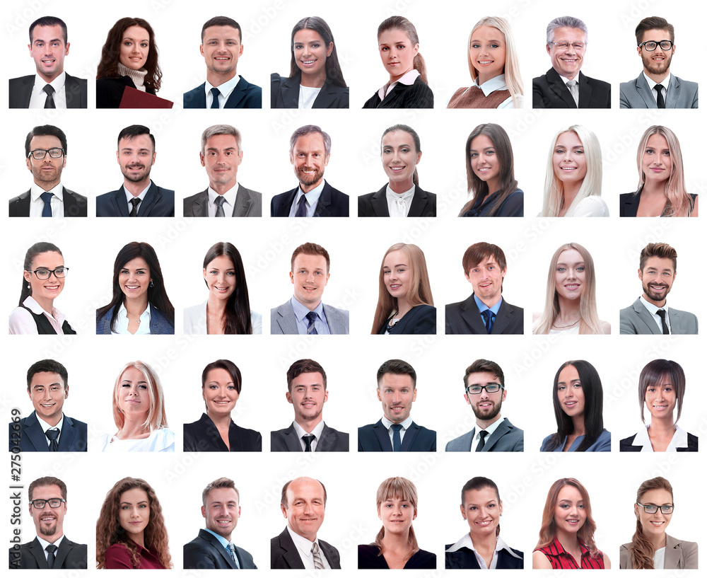 collage of portraits of successful employees isolated on white collage of portraits of successful employees isolated on white