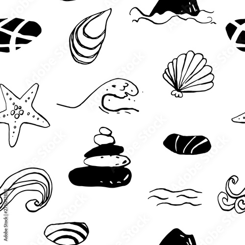 Collection of sea marine ink doodles on white backdrop. Seamless pattern. Endless texture. Can be used for printed materials. Vacation holiday background. Hand drawn design elements. Festive print. photo