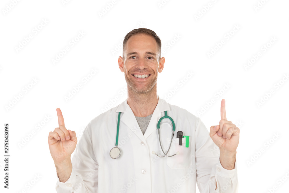 Young doctor pointing something with his finger Young doctor pointing something with his finger