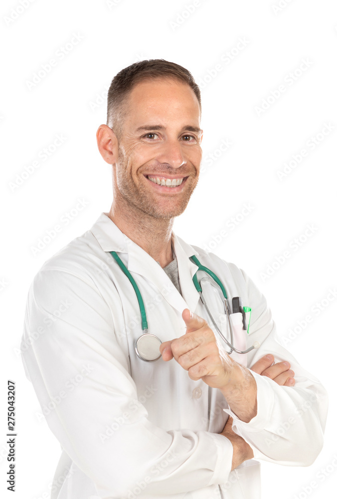 Young doctor pointing something with his finger Young doctor pointing something with his finger