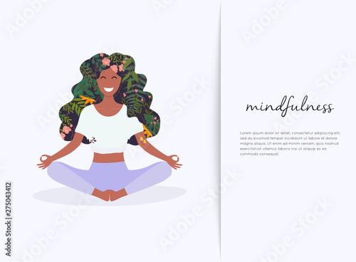 Girl with flower hair in gyan mudra yoga lotus pose exercise. Meditation health benefits for body, mind and emotions.