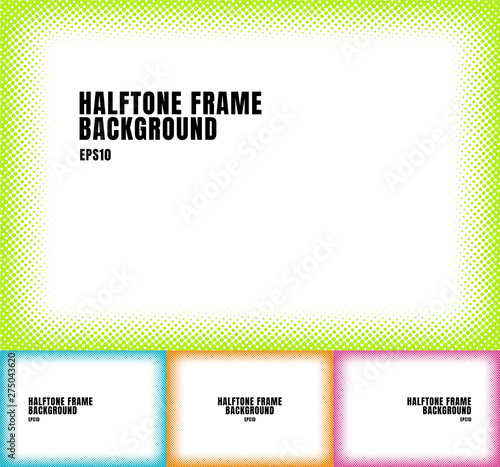 Set of green, blue, orange, pink halftone dots texture frame on white background with copy space. colorful spotted framework for banner web, brochure, poster, leaflet, flyer, presentation, etc.