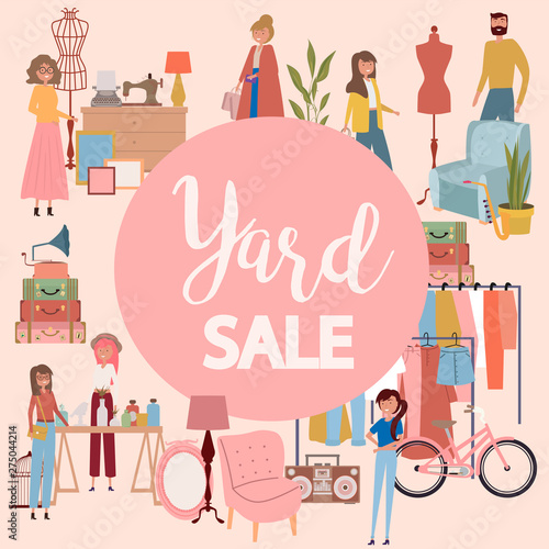 Yard sale poster with people selling and shopping at walking street, vintage furniture, clothes and accessories shop, cartoon flat design. Editable vector illustration