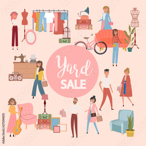 Yard sale poster with people selling and shopping at walking street, vintage furniture, clothes and accessories shop, cartoon flat design. Editable vector illustration