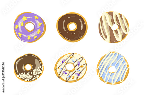 Set of six glazed donuts isolated. Bakery Vector illustration
