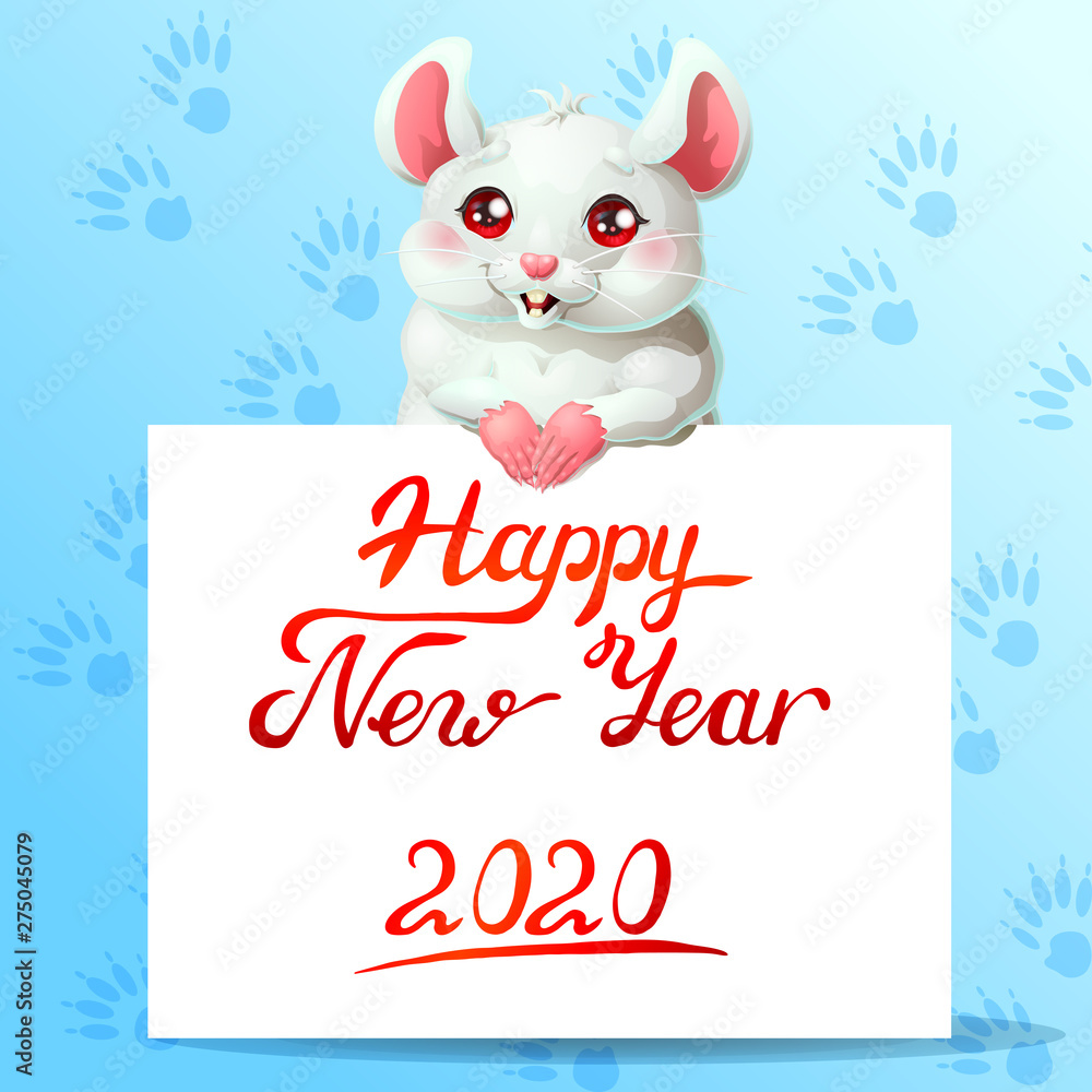 White cute mouse and banner on blue