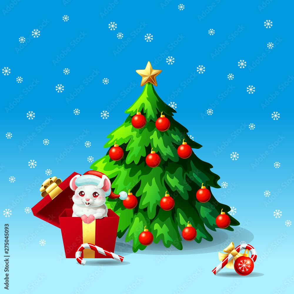 White mouse in box ang fir tree on blue White mouse in box ang fir tree on blue