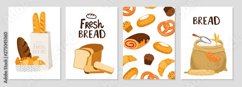 Fresh bread cards. Vector bread, buns, cakes banners template. Bakery design elements