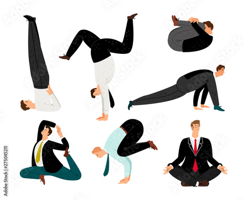 Businessman yoga. Suit meditation and zen relax business man poses, office exercising positions for human health, relaxing and stress control vector illustration isolated on white