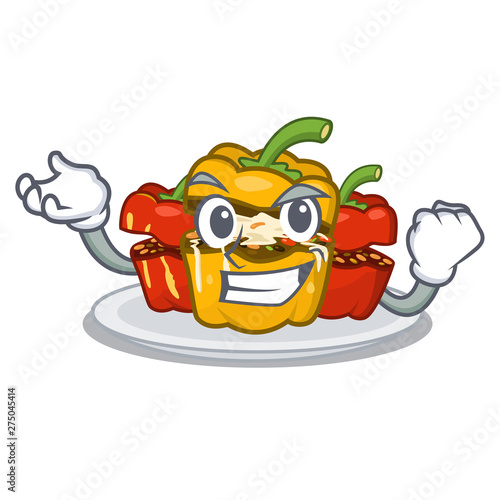 Successful stuffed pepper is served cartoon plate