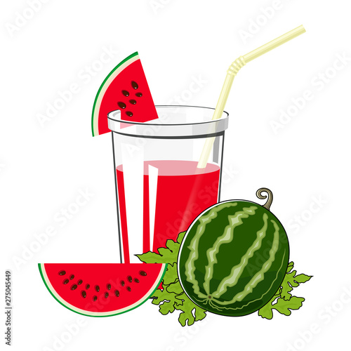 Glass of Fresh Berry Fruit Juice of Watermelon and a Straw Isolated on White Background , Summer Refreshing Drink with Watermelon Slices, Vector Illustration
