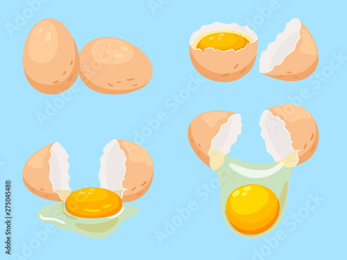 Cartoon eggs icons set. Whole and broken eggs, breakfast cooking ingredients, vector illustration