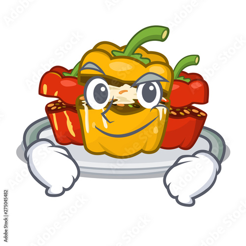 Smirking stuffed pepper is served cartoon plate