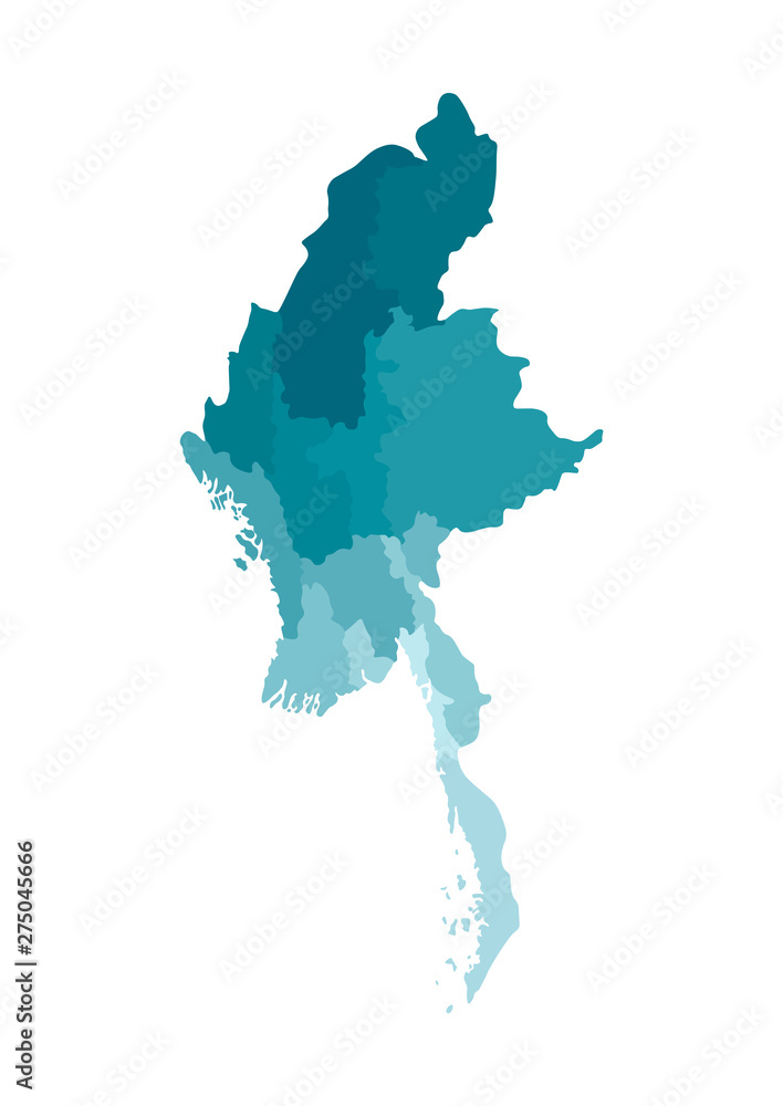 Naklejka premium Vector isolated illustration of simplified administrative map of Myanmar. Borders of the regions. Colorful blue khaki silhouettes