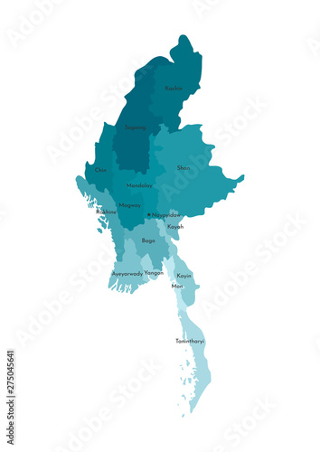 Vector isolated illustration of simplified administrative map of Myanmar. Borders and names of the regions. Colorful blue khaki silhouettes