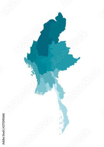 Vector isolated illustration of simplified administrative map of Myanmar. Borders of the regions. Colorful blue khaki silhouettes
