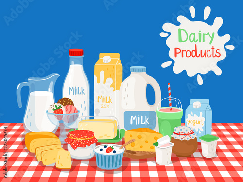 Milk and diary products on table, vector poster