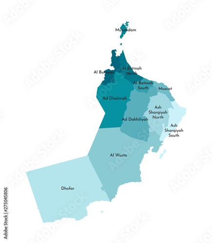 Vector isolated illustration of simplified administrative map of Oman. Borders and names of the regions (governorates). Colorful blue khaki silhouettes