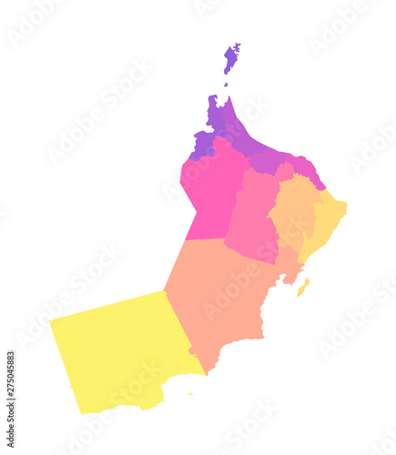 Vector isolated illustration of simplified administrative map of Oman. Borders of the regions (governorates). Multi colored silhouettes