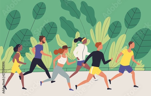 Men and women dressed in sportswear jogging or running through park. Sports competition, outdoor workout or exercise, athletics. Healthy active lifestyle. Flat cartoon colorful vector illustration.