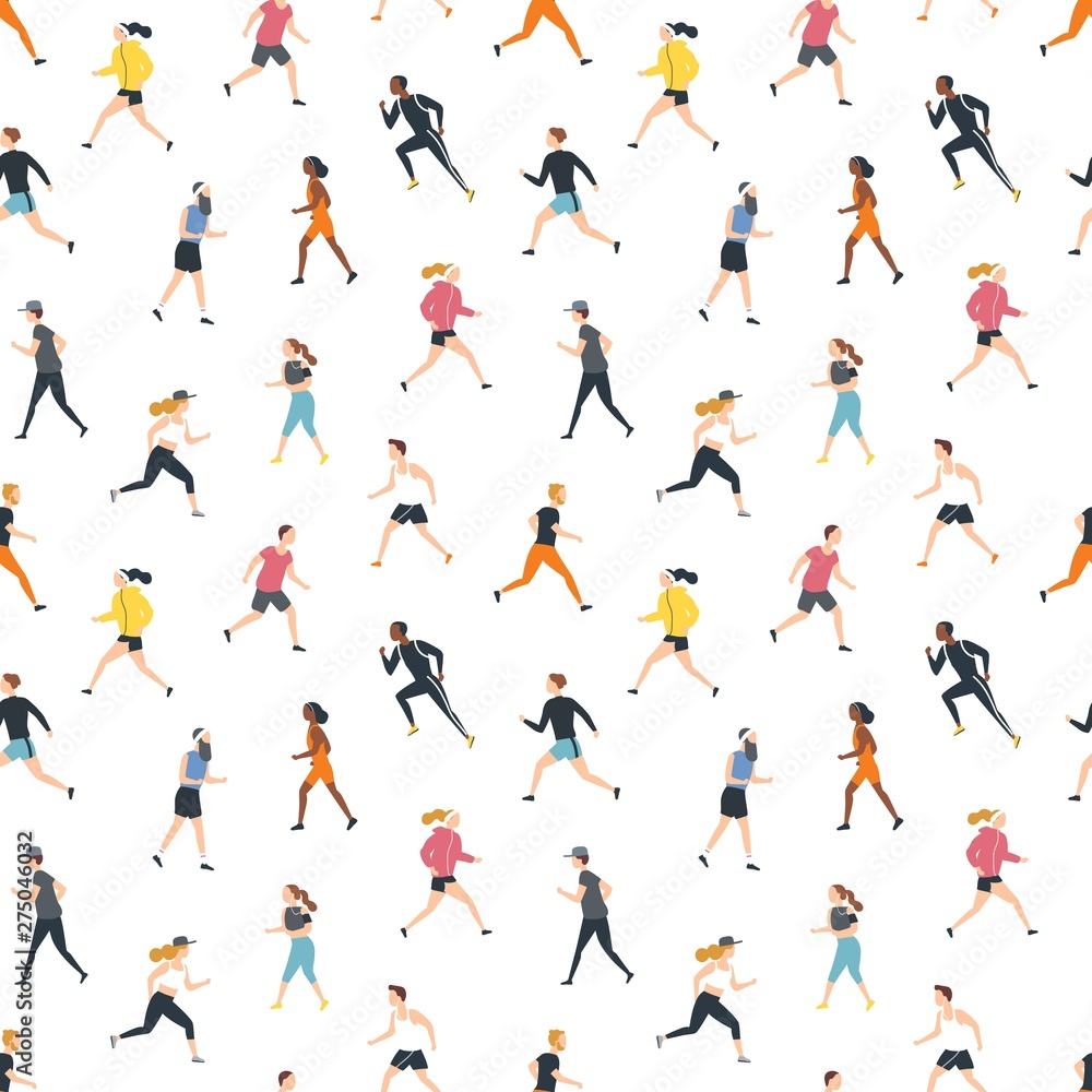 Seamless pattern with running people or athletes on white background. Backdrop with men and women performing physical exercise. Flat cartoon colorful vector illustration for wrapping paper, wallpaper.