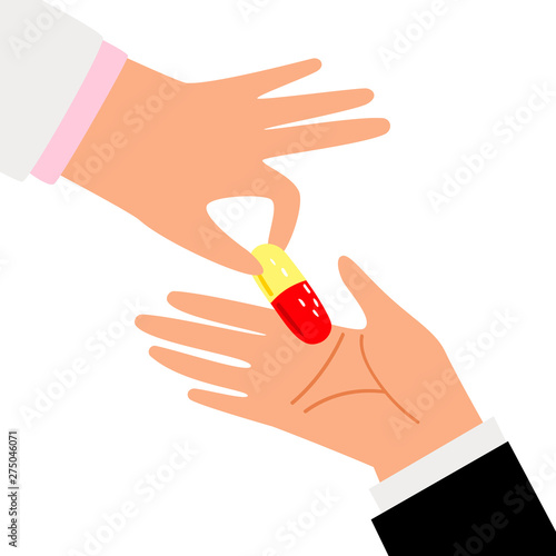 Human hands giving and receiving pill medicine drug, vector illustration