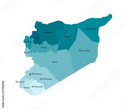 Vector isolated illustration of simplified administrative map of Syria. Borders and names of the regions. Colorful blue khaki silhouettes.