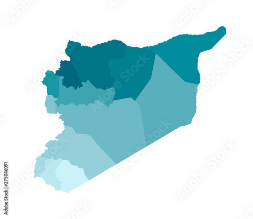 Vector isolated illustration of simplified administrative map of Syria. Borders of the regions. Colorful blue khaki silhouettes