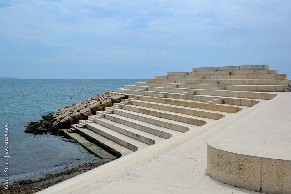 Sphinx of Durres (Sfinksi) called also Urban Cape at Durres town, Albania. Seaside large steps, stairs at the embankment, popular tourist place, viewpoint