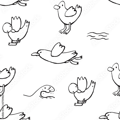 Collection of sea marine ink doodles on white backdrop. Seamless pattern. Endless texture. Can be used for printed materials. Vacation holiday background. Hand drawn design elements. Festive print.