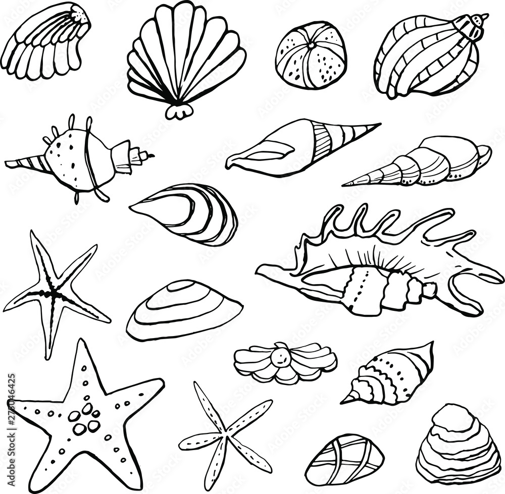Collection of sea marine ink doodles on white backdrop. Vector stock set. Cute marine icons. Can be used for printed materials. Vacation holiday background. Hand drawn design elements. Festive card.