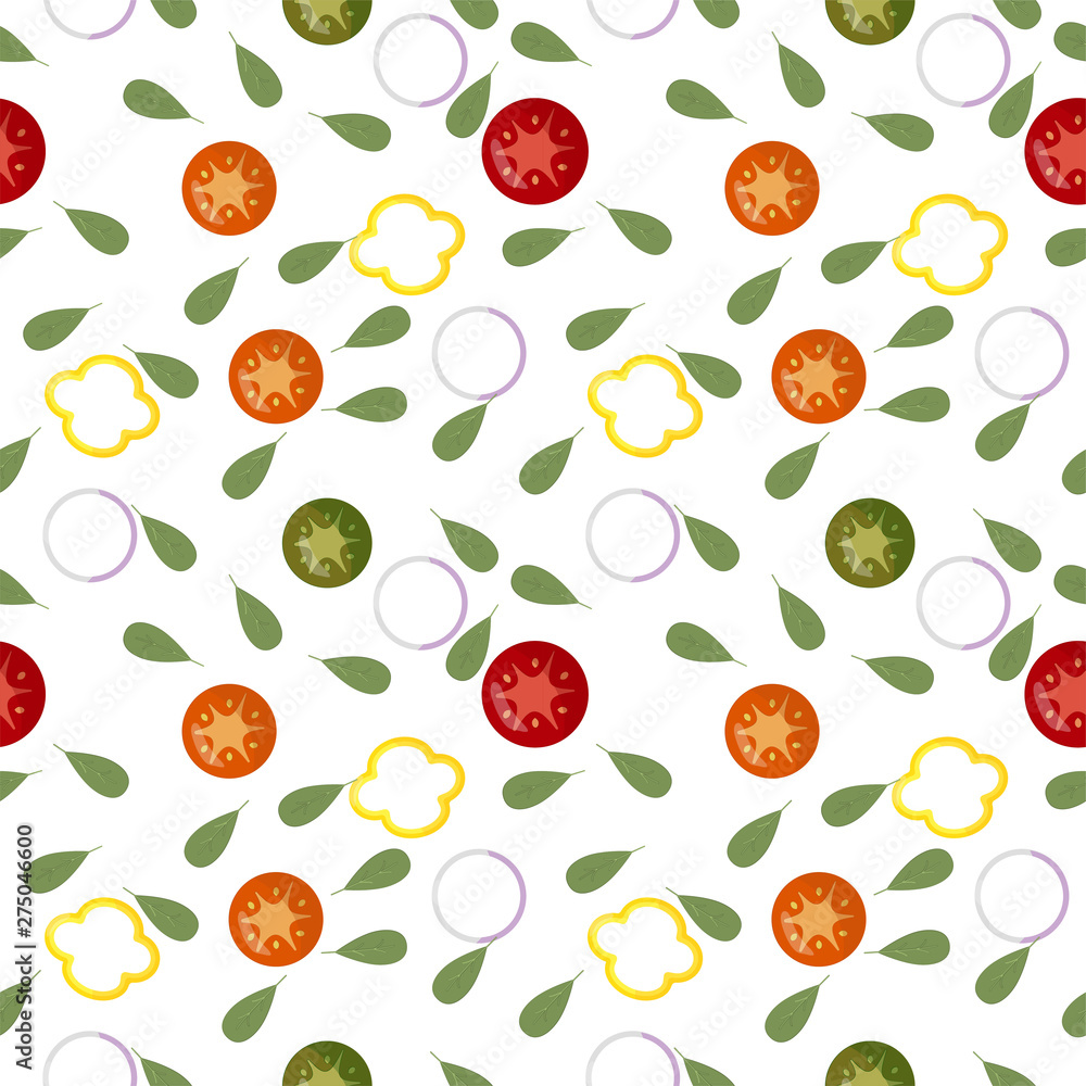Fototapeta premium Seamless pattern of fresh Vegetable slices Red tomat, green cucumber, yellow pepper, white onion. Light background. Keto diet. Packaging for healthy foods, as wrapping paper, wallpaper, posters