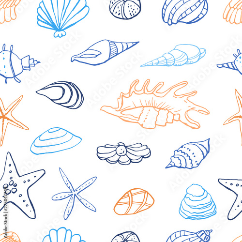 Collection of sea marine ink doodles on white backdrop. Seamless pattern. Endless texture. Can be used for printed materials. Vacation holiday background. Hand drawn design elements. Festive print.