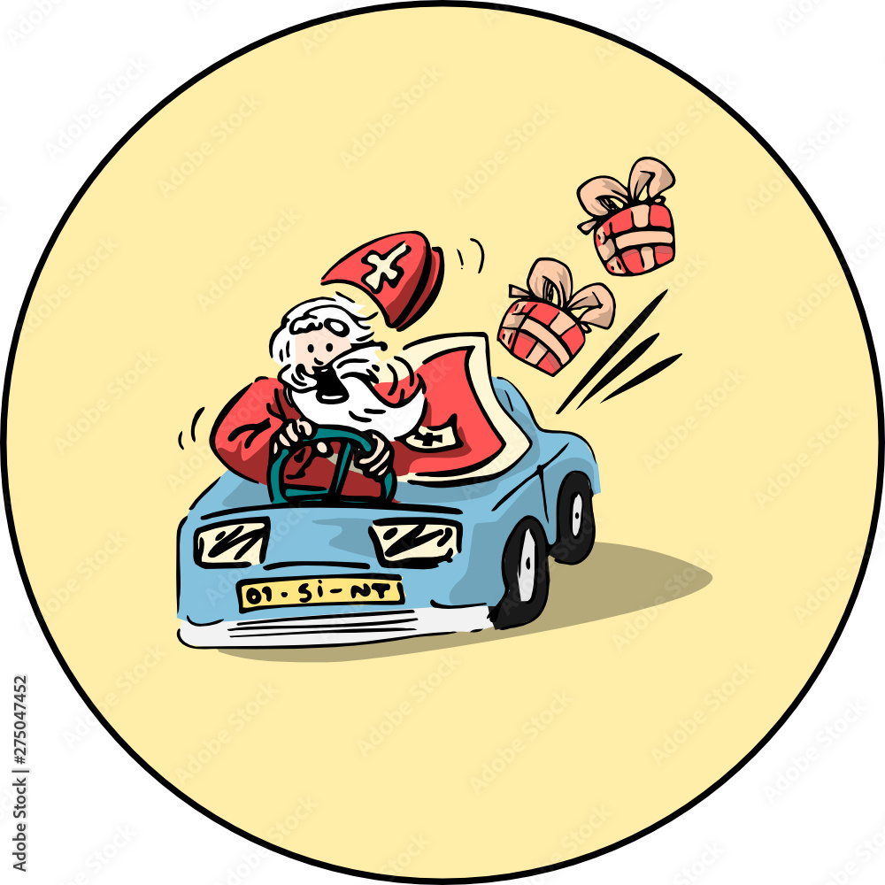 Sinterklaas illustratie - grappige vector van Sint die in een auto rijdt
