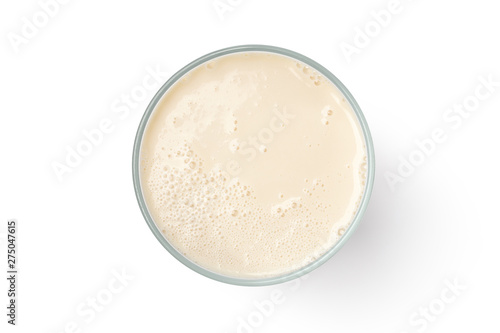 Cup with soy milk bubble foam isolated on white background, top view