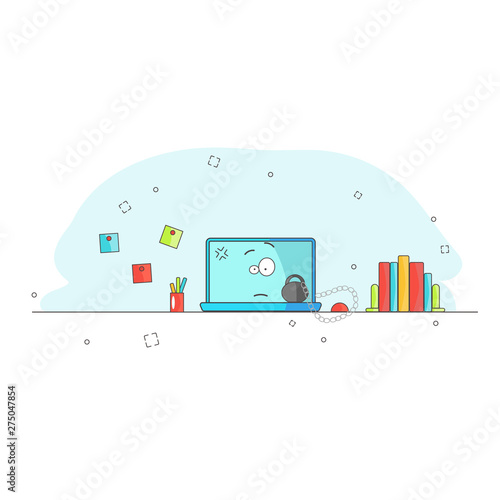 Computer is overloaded and slow. Breakdown Funny cartoon computer character with weight and chain. Sick and medication. Tea and pills. Needs help. Vector illustration for blog, website, booklet banner