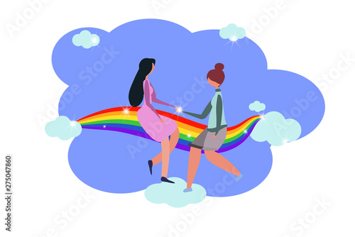Homosexual symbols. Two women stand on a rainbow among the clouds and hold hands. Rainbow striped coloring in gay pride flag. Concept of same-sex homosexual relationships of bisexual, gay and lesbian.