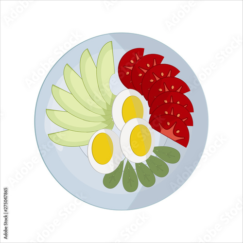 Isolated vector food images. Vegetable slices on a white plate. Peeled avocado  egg halves  red tomatoes. For icons in the menu of cafes and restaurants  for web design  websites. Vector