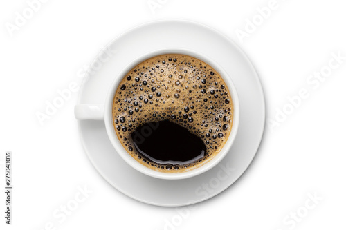 coffee black in white ceramic cup, top view  isolated on white background.