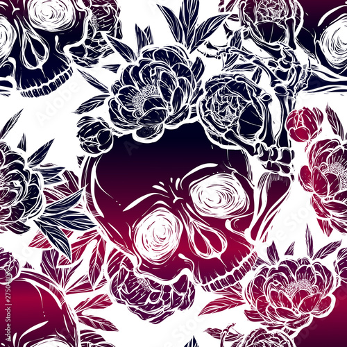 Vector illustration. Halloween. Skull with peonies. Handmade, prints on T-shirts, background white, tattoos. Violet blue colors. seamless pattern