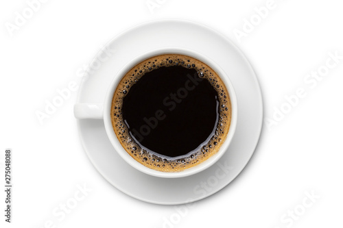 coffee black in white ceramic cup, top view isolated on white background.