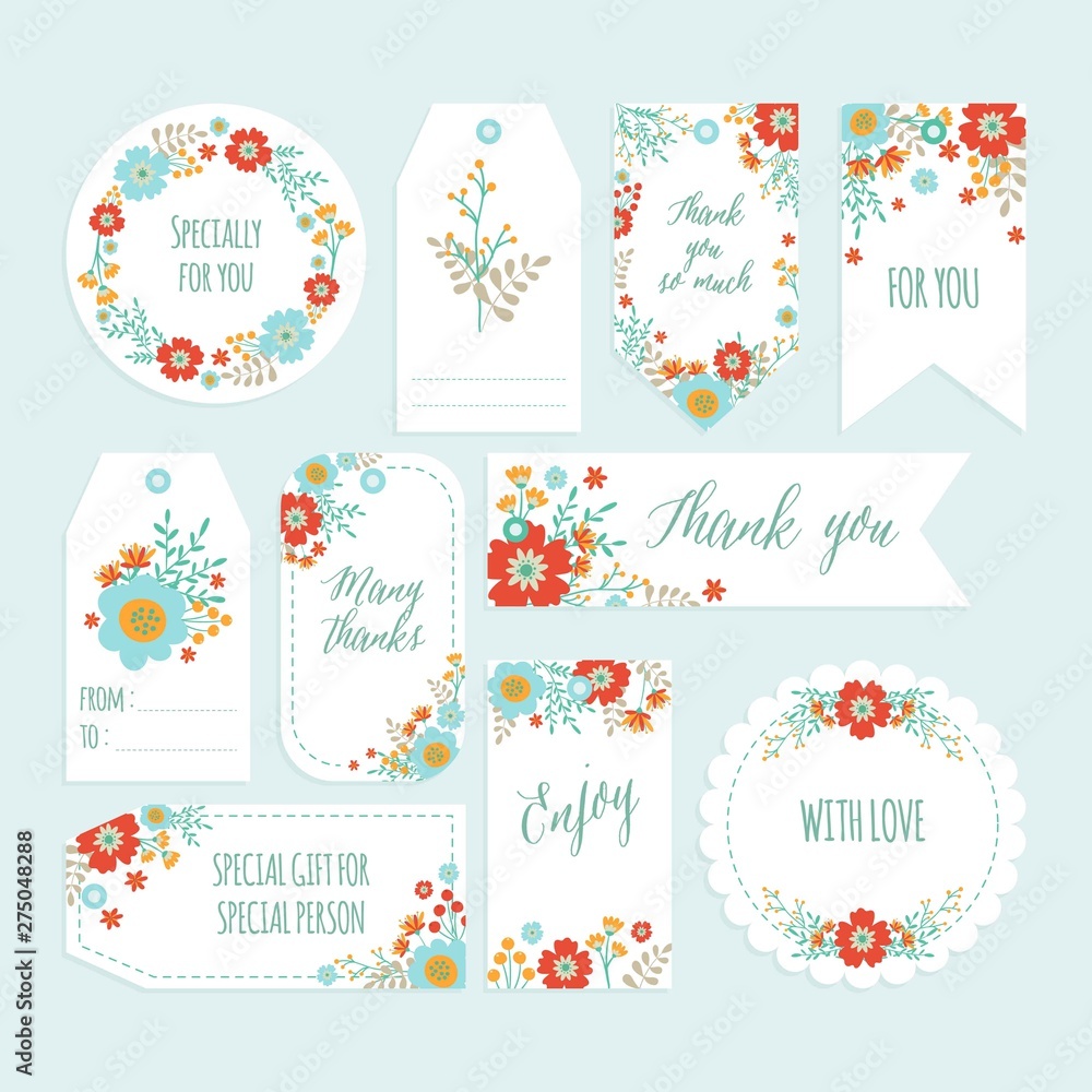 Set of Romantic Flower Thank You Tag set with Hand Drawn Spring flower. Gift tags, Labels with Flower Template. Printable. Vector - Illustration