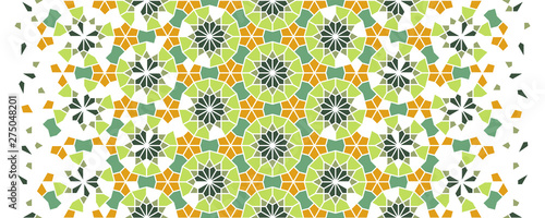 Arabesque islamic vector seamless pattern. Geometric halftone texture with color green tile disintegration or breaking