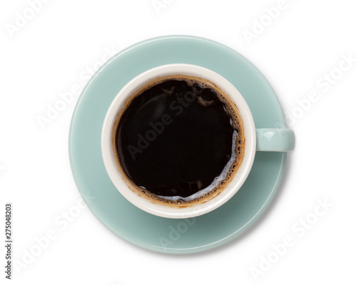 coffee black in ceramic cup, top view isolated on white background.