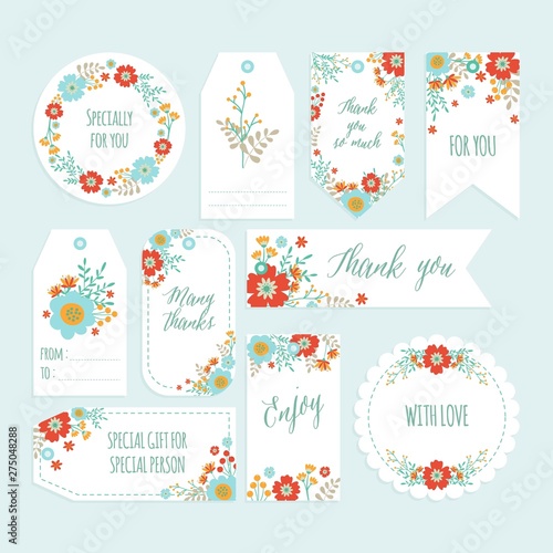 Set of Romantic Flower Thank You Tag set with Hand Drawn Spring flower. Gift tags, Labels with Flower Template. Printable. Vector - Illustration © mutiara_nisg